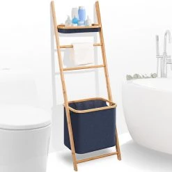 Serenelife Home & Lighting Bamboo Leaning Shelf With Storage Hamper SLHMPSHF55